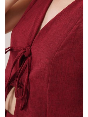 Nova Epoxy Art Ön Bağlama Detaylı Yelek ve Pantolon Bordo Ikili Takım