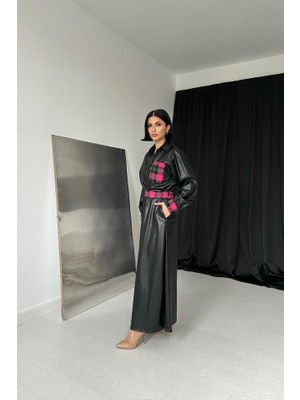 Nova Epoxy Art Siyah Garnili Etekli Deri Takım