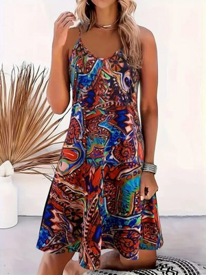 Nova Epoxy Art Kadın Ip Askılı V Yakalı Desenli Kısa Süprem Elbise