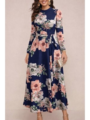 Nova Epoxy Art Kadın Uzun Kollu Yuvarlak Yakalı Beli Kuşaklı Desenli Süprem Uzun Elbise