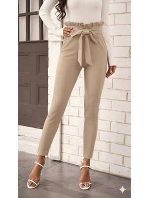 Nova Epoxy Art Kadın Yüksek Bel Beli Fırfırlı Önden Bağlamalı Ithal Krep Pantolon