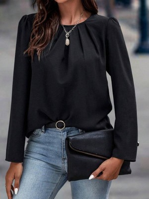 Nova Epoxy Art Kadın Uzun Kollu Yuvarlak Önden Pileli Ithal Krep Bluz