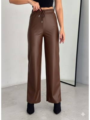 Nova Epoxy Art Yüksek Bel Geniş Paça Içi Şardonlu Deri Pantolon.