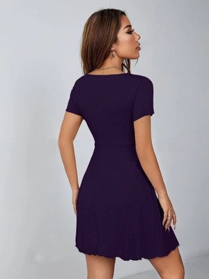 Nova Epoxy Art Kadın Kısa Kollu Derin Büzgülü V Yakalı Viskon Elbise