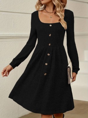 Nova Epoxy Art Kadın Uzun Kollu Kare Yaka Düğmeli Kısa Şardonlu Iki Iplik Mini Elbise