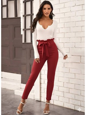 Nova Epoxy Art Kadın Yüksek Bel Beli Fırfırlı Önden Bağlamalı Ithal Krep Pantolon