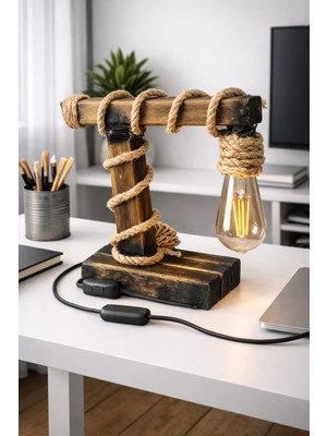 Woodylight Rustik El Yapımı Masif Ahşap Masa Lambası - Retro Edison Tasarım Dekoratif Gece Lambası
