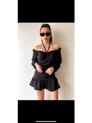 Nova Epoxy Art Kadın Uzun Kollu Halter Yaka Detay Mini Elbise