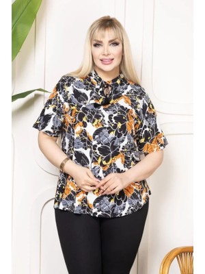 Nova Epoxy Art Desenli Püsküllü Viskon Bluz Bebe Yaka Kısa Kollu Big Size Rahat Kesim - Desenli