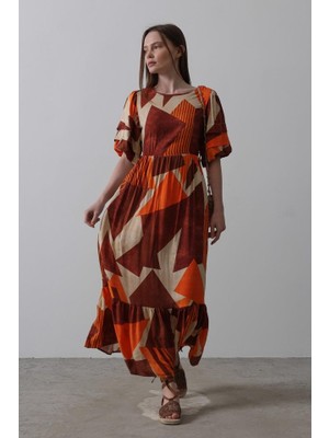 Nova Epoxy Art Desenli Balon Kol Kloş Elbise - Kahve