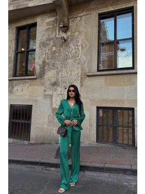 Nova Epoxy Art Saten Kruvaze Bağlamalı Bluz- Pantolon Takım - Yeşil