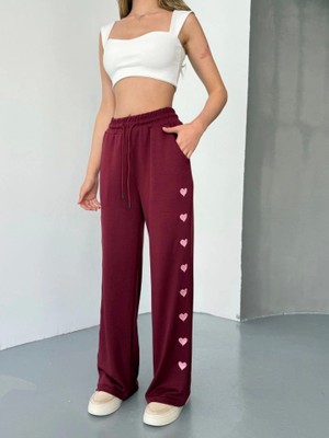 Nova Epoxy Art Osy Modal Yumuşak Dokulu Kumaş Nakış Işlemeli Rahat Bol Paça Eşofman Pantalon - Bordo