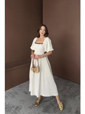 Nova Epoxy Art Bej Arkası Bağlamalı Keten Elbise