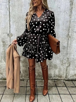 Nova Epoxy Art Kadın Uzun Kollu V Yakalı Belden Kuşaklı Puantiyeli Mini Modal Elbise