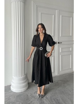 Nova Epoxy Art Siyah Işıltılı Kemerli Kruvaze Elbise