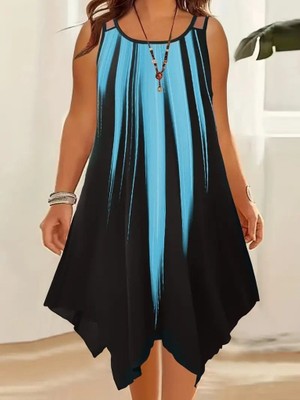 Nova Epoxy Art Kadın Askılı Yuvarlak Yaka Asimetrik Detaylı Desenli Süprem Elbise