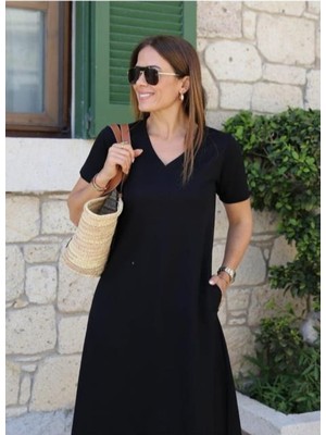 Nova Epoxy Art Kadın Kısa Kollu V Yaka Cepli Viskon Elbise