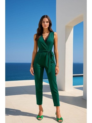 Nova Epoxy Art Kadın Kruvaze Yaka Dantel Güpür ve Kuşak Detay Tulum