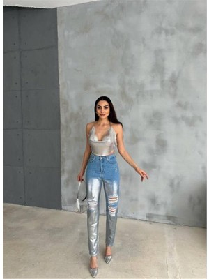 Nova Epoxy Art Diz Yırtık Varaklı Mom Kot Pantolon - Gümüş