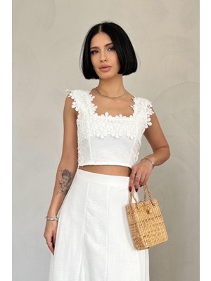 Nova Epoxy Art Beyaz Güpürlü Crop ve Etek Takım