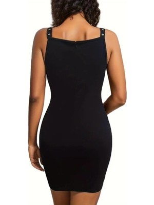 Nova Epoxy Art Kadın Askılı Derin V Yakalı Kuş Gözü Detaylı Janjan Krep Elbise