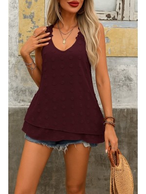 Nova Epoxy Art Kadın Dantel Askılı V Yakalı Sırtı Çapraz Detaylı Ponpon Bluz