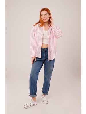 Nova Epoxy Art Çizgili Rahat Kesim Pembe Gömlek