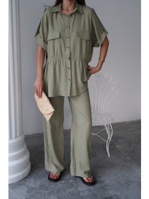 Nova Epoxy Art Keten Belden Büzgü Detaylı Gömlek - Pantolon Takım - Yeşil