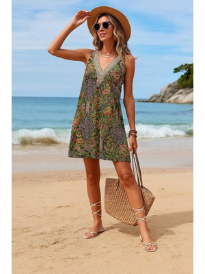 Nova Epoxy Art Kadın Kısa Kollu Dantel V Yakalı Desenli Süprem Elbise