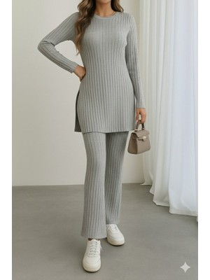 Nova Epoxy Art Kadın Uzun Kollu Yuvarlak Yaka Yandan Yırtmaç Detaylı Şardonlu Kaşkorse Bluz ve Pantolon Ikili Takım