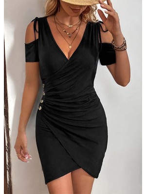 Nova Epoxy Art Kadın Omuzlardan Açık V Yakalı Kısa Kollu Yanlardan Büzgülü Düğme Detaylı Janjan Krep Elbise