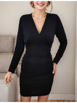 Nova Epoxy Art Kadın Uzun Kollu Kruvaze Yaka Sandy Mini Elbise