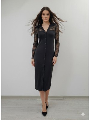 Nova Epoxy Art Kadın Uzun Kollu Transparan Detay Midi Boy Elbise
