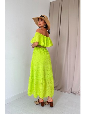 Nova Epoxy Art Yağ Yeşili Omzu Lastikli Brode Elbise