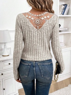 Nova Epoxy Art Kadın Uzun Kollu V Yakalı Arkadan Dantel Detaylı Şardonlu Kaşkorse Bluz