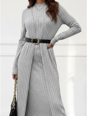 Nova Epoxy Art Kadın Uzun Kollu Yarı Balıkçı Yaka Şardonlu Kaşkorse Elbise ve Uzun Hırka Ikili Takım