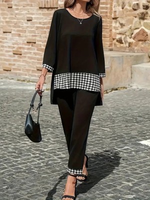 Nova Epoxy Art Kadın Uzun Kollu Yuvarlak Yakalı Kaz Ayağı Detaylı Viskon Iki Iplik Bluz ve Pantolon Ikili Takım