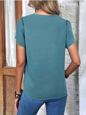 Nova Epoxy Art Kadın Kısa Kollu Lazer V Yakalı Ithal Krep Bluz