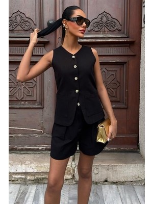 Nova Epoxy Art Gold Düğme Detaylı Yelek Şort Cotton Takım 10134-17