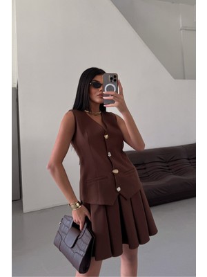 Nova Epoxy Art Yelek - Pileli Etek Görünümlü Elbise - Kahverengi