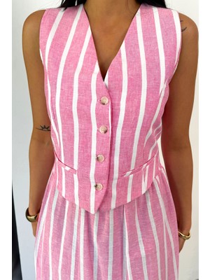 Nova Epoxy Art Keten Çizgili Yelek - Uzun Etek Takım - Pembe