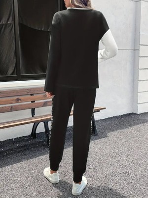 Nova Epoxy Art Kadın Uzun Kollu Bisiklet Yaka Çift Renkli Viskon Iki Iplik Bluz ve Pantolon Ikili Takım