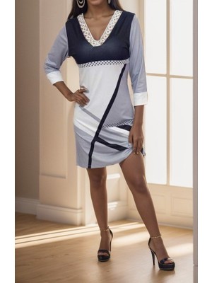 Nova Epoxy Art Kadın Fakir Kollu V Dantel Yaka Geometrik Desenli Dalgıç Elbise