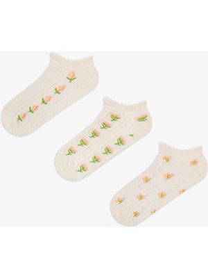 Penti 3 Çift Burun Dikişsiz Pamuklu Renkli Çiçek Kabartma Desenli Patik Çorap