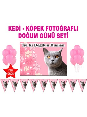 Özbience Kedi Doğum Günü Kutlama Seti, Afiş, Flama, Balon, Evcil Hayvanınızla Özel