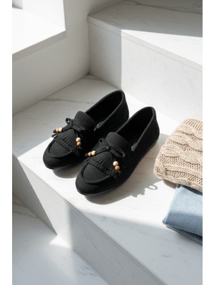 Divolya Tiamo Siyah Süet Boncuk Detaylı Babet Ayakkabı