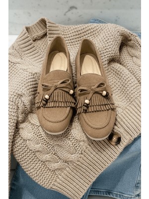 Divolya Tiamo Vizon Süet Boncuk Detaylı Babet Ayakkabı