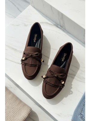 Divolya Tiamo Kahve Süet Boncuk Detaylı Babet Ayakkabı
