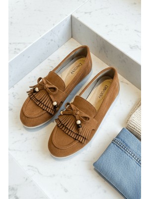 Divolya Tiamo Taba Süet Boncuk Detaylı Babet Ayakkabı