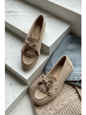 Divolya Tiamo Bej Süet Boncuk Detaylı Babet Ayakkabı